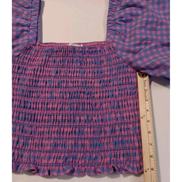 Pink & Blue Bubble Puff Sleeve Gingham Stretchy Crop Blouse Boho Peasant Hippie - Picture 3 of 6